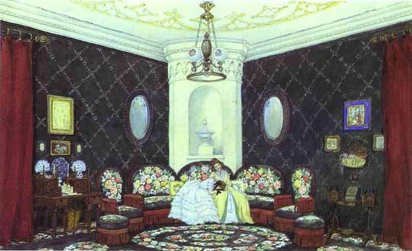 Mstislav Dobuzhinsky. in Moscow Art Theater. The Blue Lounge. Set design for Act I of Turgenev's A Month in the Country.