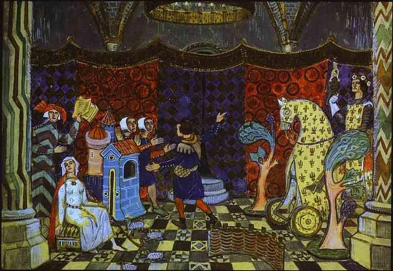 Mstislav Dobuzhinsky. Set design for de la Halle's pastorale in St. Petersburg, Antique Theater. Le Jeu de Robin et Marion.