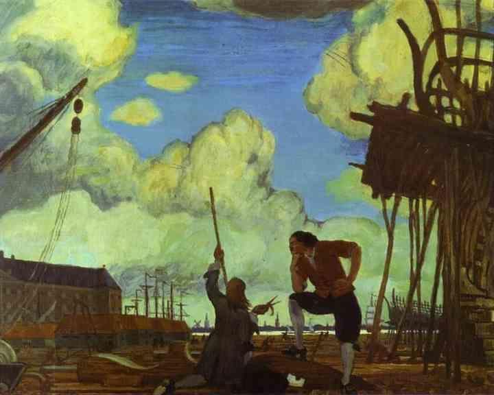 Mstislav Dobuzhinsky. Peter the Great in Holland. Amsterdam, the Wharf of the East India Company.