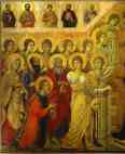 Duccio di Buoninsegna. Maestà (front, central panel, detail of) The Mother of God Enthroned with the Christ Child, amidst Angels and Saints.