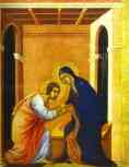 Duccio di Buoninsegna. Maestà (front, crowning panels, detail of) Parting from St. John.