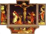 Matthias Grünewald. The first view of the altar:  (bottom) St. Sebastian (left), The Crucifixion (central), St. Anthony (right), Entombment.