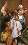 Frederick Leighton. Cimabue's Celebrated Madonna is Carried in Procession through the Streets of Florence; in front of the Madonna, and Crowned with Laurels, walks CImabue Himself, with his Pupil Giotto; behind It Arnolfo Di Lapo, Gaddo Gaddi, Andrea Tafi, Niccola Pisano, Buffalmacco, and Simone Memmi; in the Corner Dante. Detail.