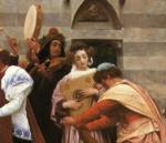 Frederick Leighton. Cimabue's Celebrated Madonna is Carried in Procession through the Streets of Florence; in front of the Madonna, and Crowned with Laurels, walks CImabue Himself, with his Pupil Giotto; behind It Arnolfo Di Lapo, Gaddo Gaddi, Andrea Tafi, Niccola Pisano, Buffalmacco, and Simone Memmi; in the Corner Dante. Detail.