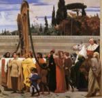 Frederick Leighton. Cimabue's Celebrated Madonna is Carried in Procession through the Streets of Florence; in front of the Madonna, and Crowned with Laurels, walks CImabue Himself, with his Pupil Giotto; behind It Arnolfo Di Lapo, Gaddo Gaddi, Andrea Tafi, Niccola Pisano, Buffalmacco, and Simone Memmi; in the Corner Dante. Detail.