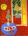 Red Interior. Still Life on  a Blue Table.