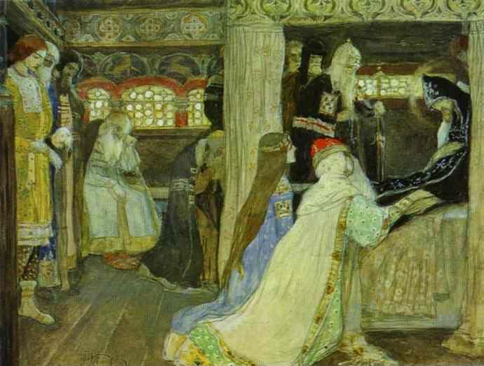 Mikhail Nesterov. Death of Prince Alexander Nevsky. Sketch for frescoes in Alexander Nevsky Cathedral in Abasturman, Georgia.