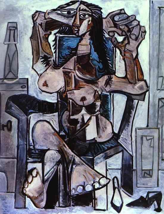 Pablo Picasso. Nude in an Armchair with a  Bottle of Evian Water, a Glass and Shoes.