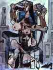 Nude in an Armchair with a  Bottle of Evian Water, a Glass and Shoes.
