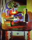 Guitar, Bottle, Bowl with  Fruit, and Glass on Table.