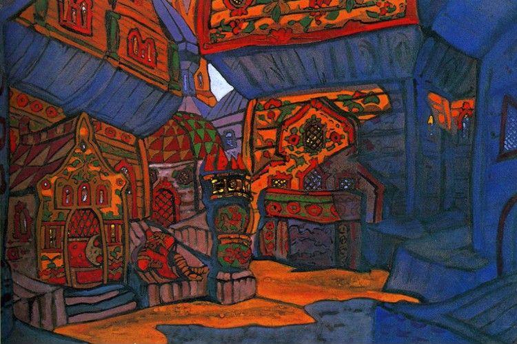 Nicholas Roerich. Prince Vladimir Galitsky's Courtyard. Set design for 1914 Production of Borodin's opera Prince Igor.