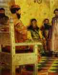 Andrey Ryabushkin. Tzar Mikhail Fedorovich  Holding Council with the Boyars in His Royal Chamber. Detail.